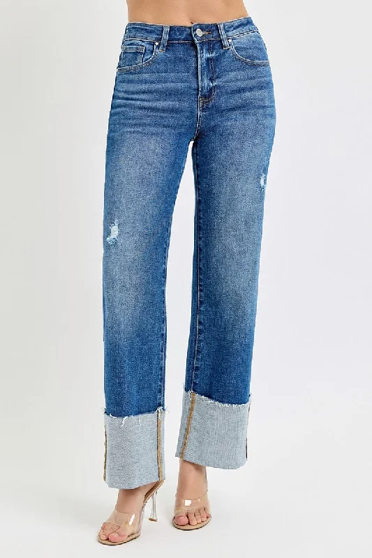 Dark Risen High Rise Wide Leg Cuffed Jeans