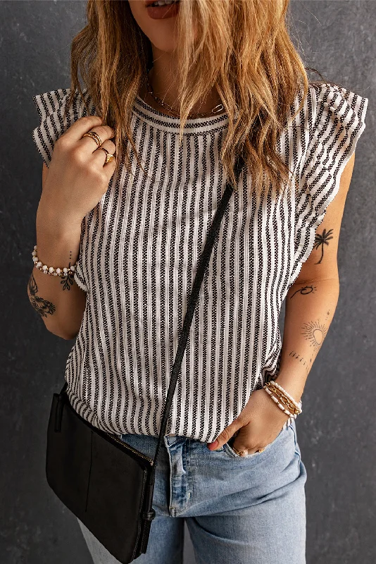 Formal Outfit For Women Crew Neck Ruffled Striped Tank Top