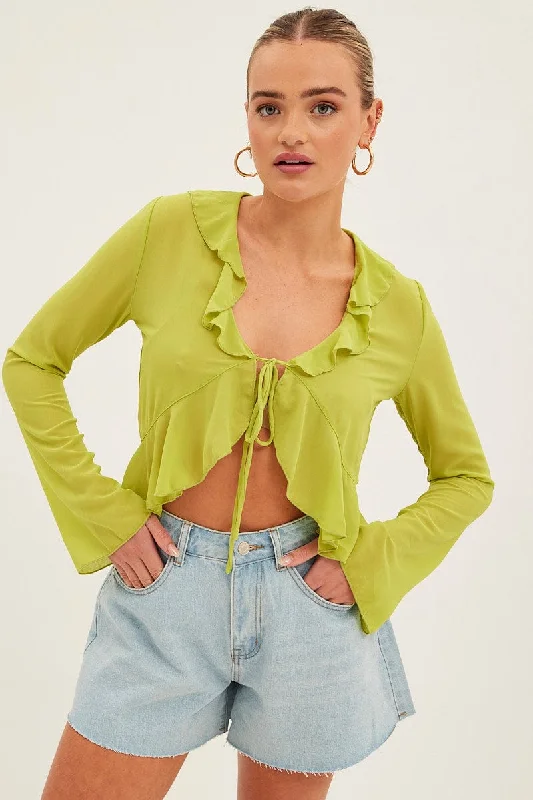 Clothes Women Green Bolero Flare Long Sleeve Frill V Neck Tie Chiffon