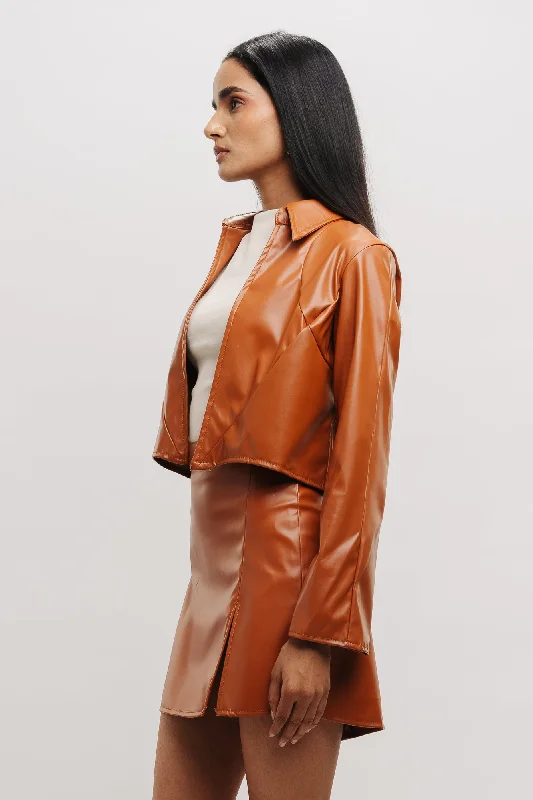 Trendy Fashion For Women Tan Leather Crop Shacket