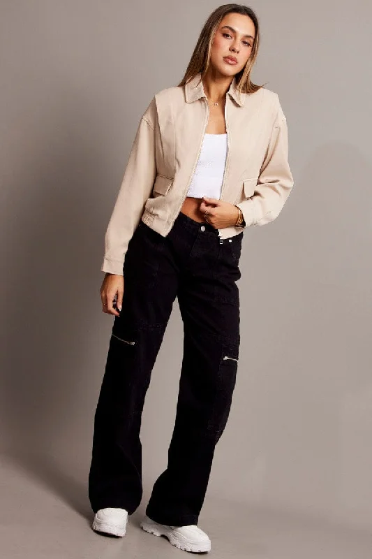 Women's Casual Apparel Beige Utility Bomber Jacket