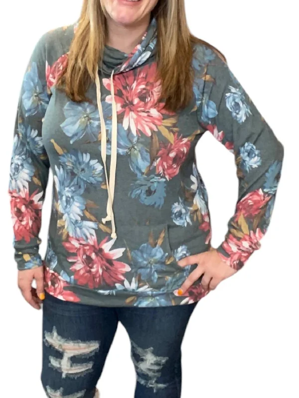 Best Online Women's Boutiques Floral Cowlneck Hoodie In Gray