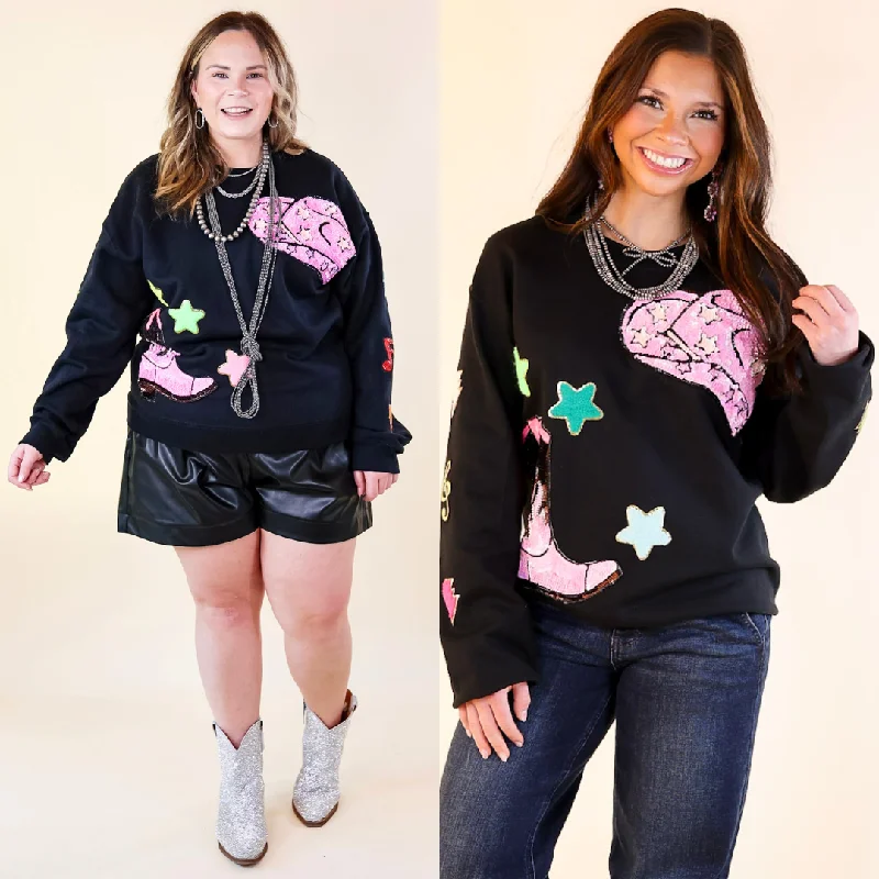 Women's Cozy Winter Attire Nashville Lights Chenille and Sequin Patch Graphic Sweatshirt in Black