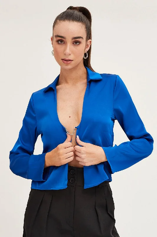 Women's Apparel Blue Satin Long Sleeve Collared Chain-Link Front Jacket