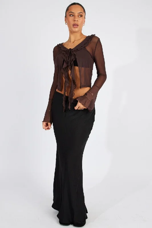 Women's Casual Apparel For Weekends Brown Mesh Cardigan Long Sleeve