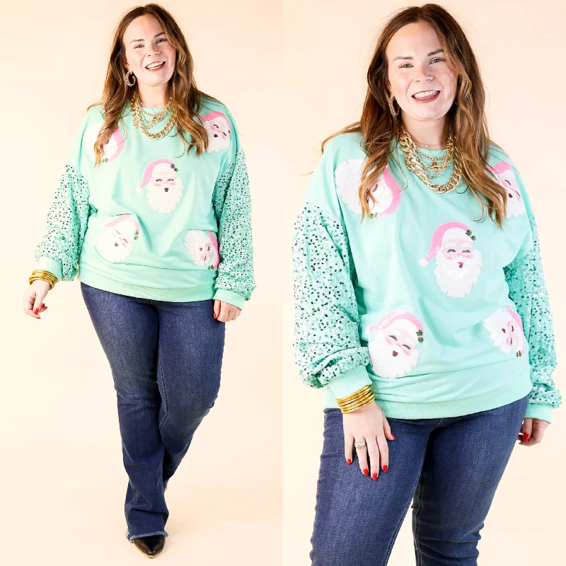 Women's Resort Garments Sequin Santa Crewneck Sweatshirt with Velvet Sleeves in Mint Green