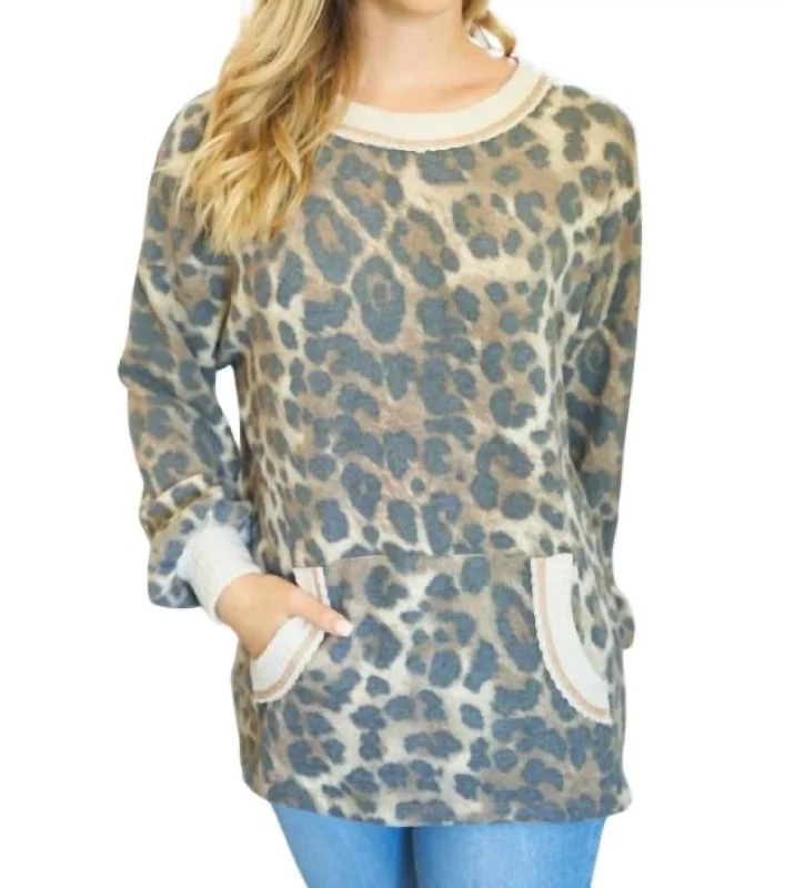 Women's Casual Attire Leopard & Waffle Trim Tunic In Multi