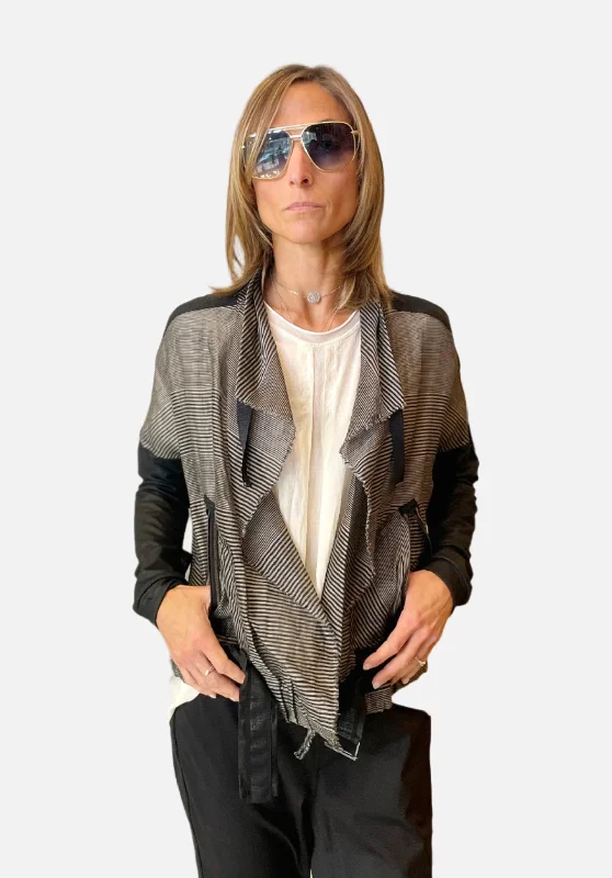 Timeless Women's Apparel Belted Jacket - Black Grey Stripe