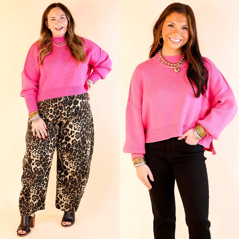 Casual Chic Clothing Fireside Fit Cropped Long Sleeve Mock Neck Sweater in Fuchsia Pink