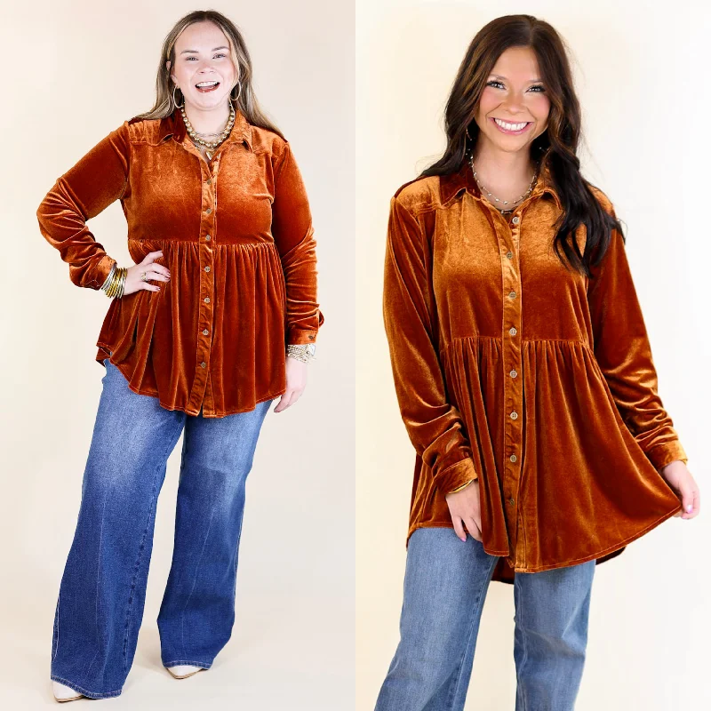 Women's Holiday Apparel Call Me Yours Button Up Velvet Long Sleeve Babydoll Tunic Top in Burnt Orange