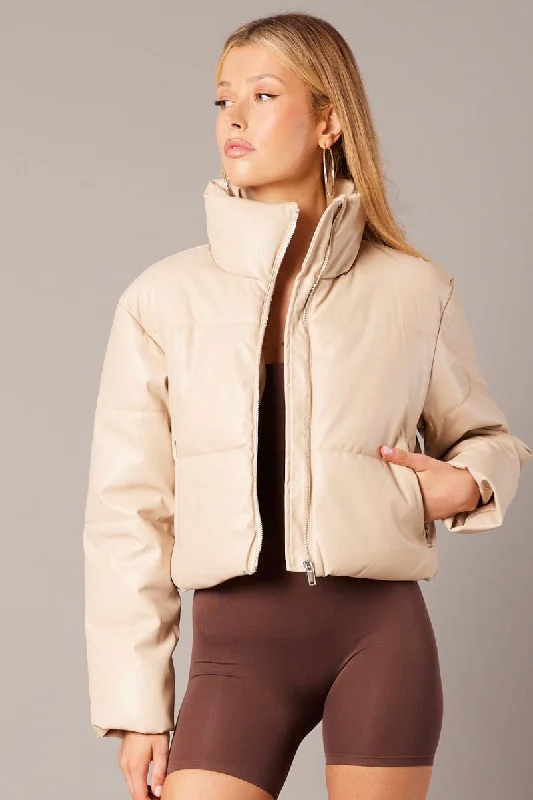 Women's Trendy Garments Camel Jacket Zip Thru Long Sleeves Faux Leather