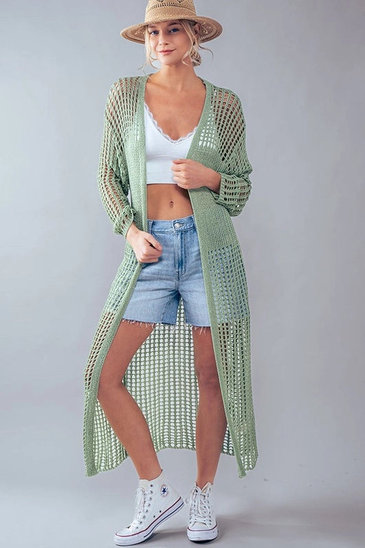 Women Wear Online Women's Crochet Lace Long Summer Cardigan in Sage