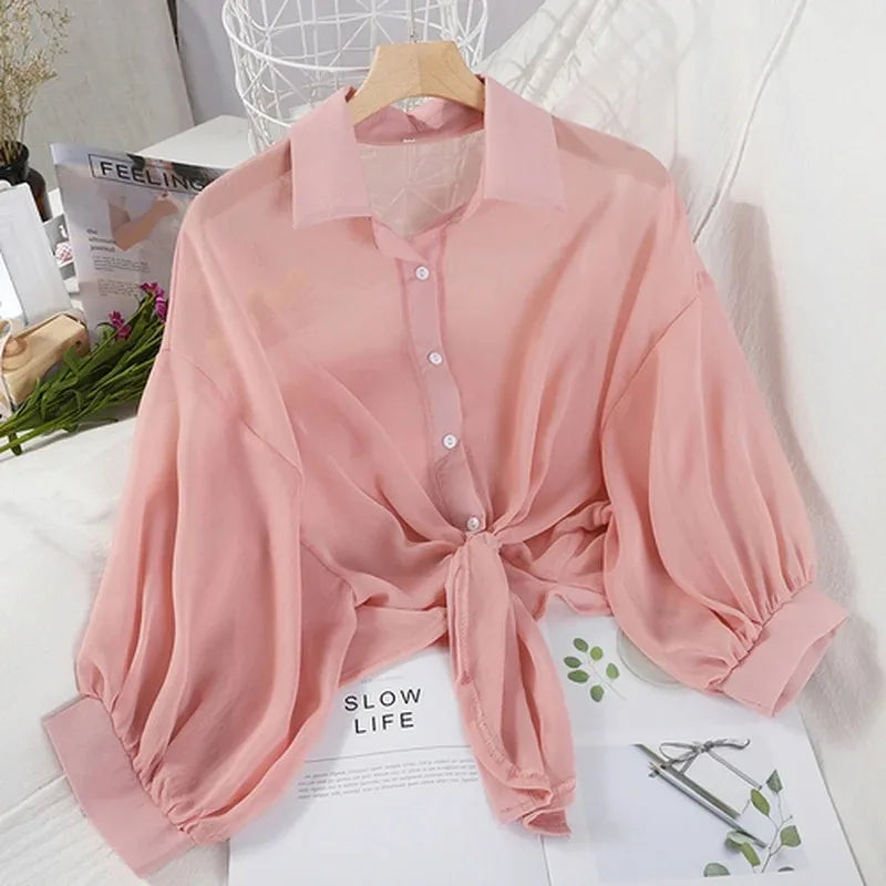 Women's Evening Wear for Special Occasions Women's Chiffon Tank Shirt Fashion Designer Half Long-Sleeve Tops (Plus Size)