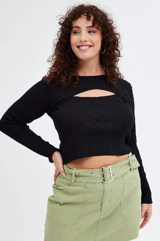 Comfortable Outfit For Women Black Knit Top Cut Out Long Sleeve