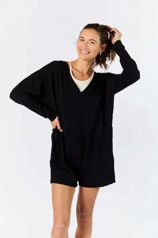 Outlet Clothing On A Daily Basis Black Deep V-Neck Pocketed Long Sleeve Romper