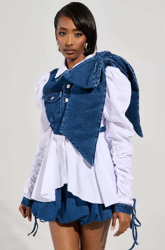 Online Boutiques MELODY DENIM TIE POPLIN BLOUSE