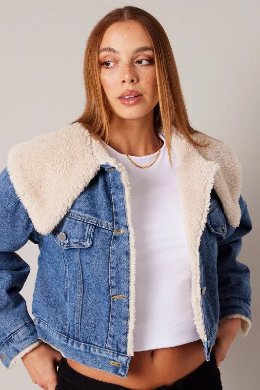 Women's Comfortable Apparel Denim Jacket Faux Fur