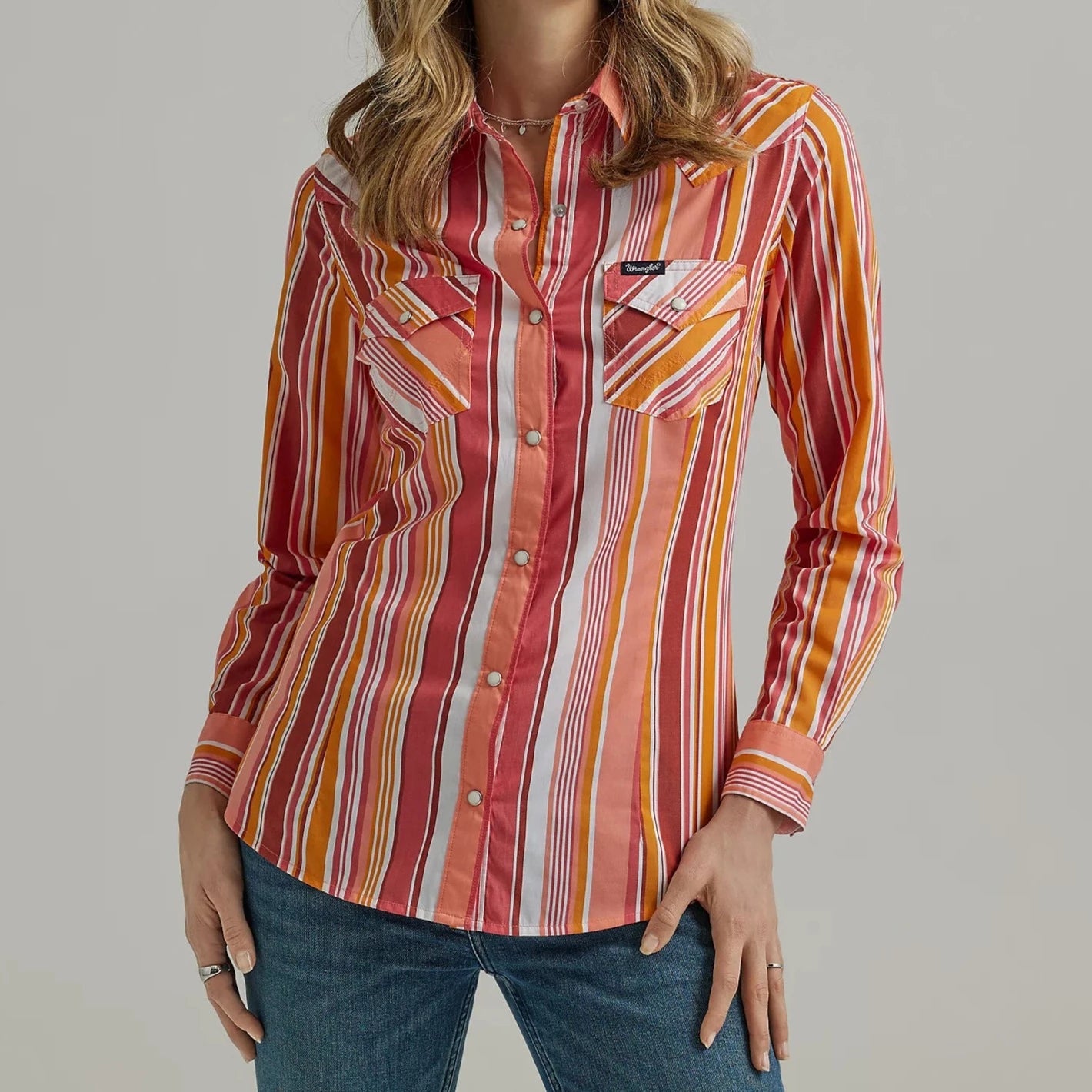 Women's Trendy Activewear Apparel Wrangler Women's All Occasion Long Sleeve Western Snap Shirt in Sunny Stripe