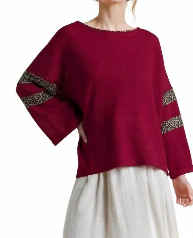 Women's Clothes Online Shopping Leopard Trim Waffle Knit Top In Jester Red