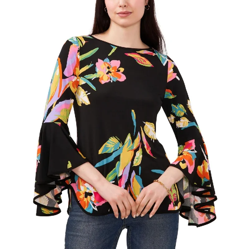 Women's Elegant Evening Outfit Womens Floral Print Bell Sleeve Pullover Top