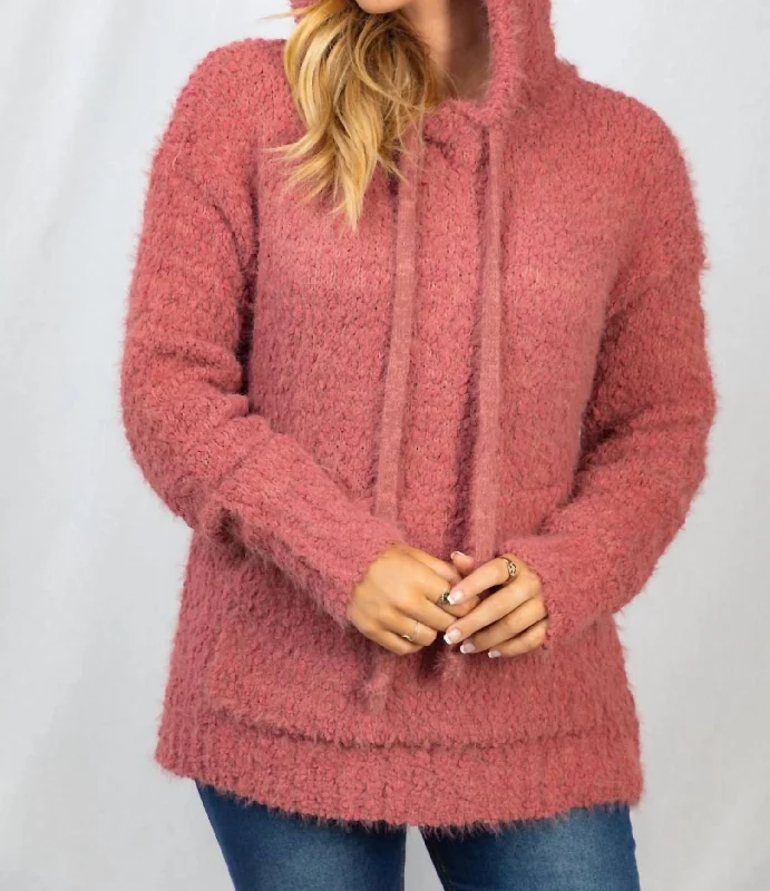 Women Clothing Fuzzy Knit Hoodie In Rose