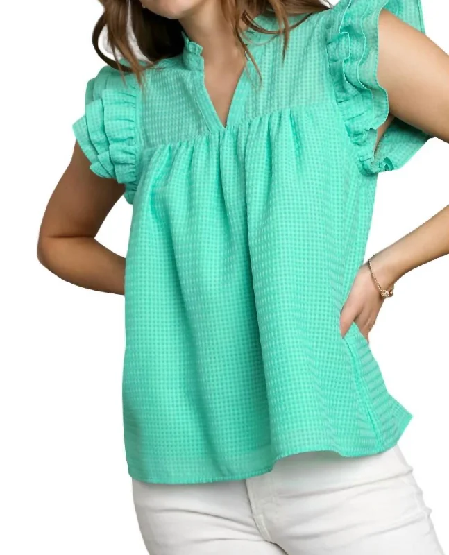 Women's Resort Attire Layered Ruffle Sleeve Split Neck Top In Emerald