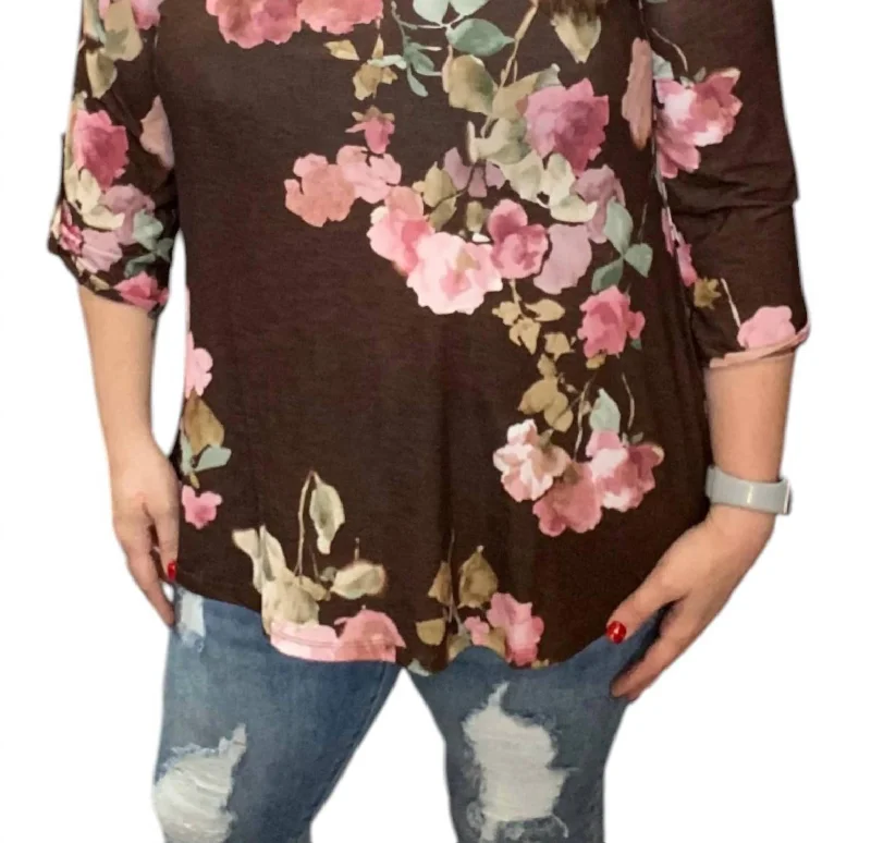 Unique Women's Fashion Pieces Floral Gabby Tunic Top In Chocolate