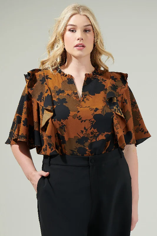 Women Fashion Sandy Floral Ruffle Blouse Curve