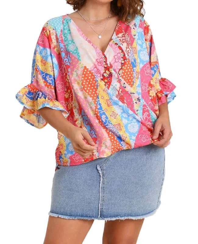 Women's Apparel And Garments Mixed Print Top With Ruffle Sleeves Plus Size In Coral Mix Plus