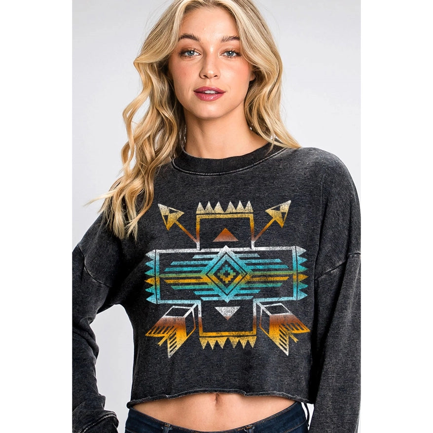 Women's Occasion Wear Apparel Women's Aztec Roam Free Cropped Graphic Sweatshirt in Black