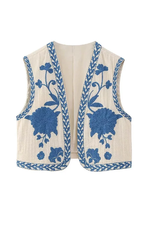 New Arrival Discount Vintage Floral Embroidery Open Front Vest