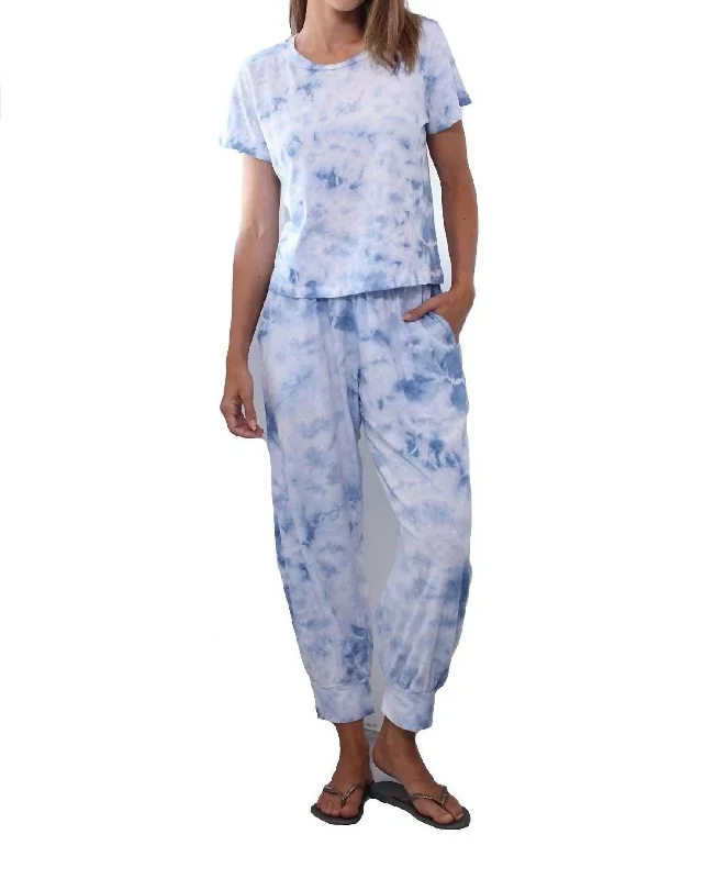 Chic Women's Clothing Jojo Cherry Cotton Jogger Paired With Short Sleeve T Shirt Set In Tie Dye Ocean Blue