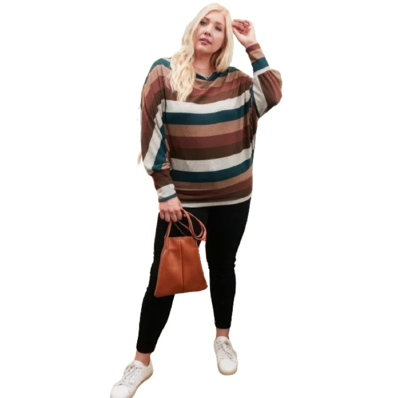 Trendy Women's Fashion Boat Neck Long Bubble Sleeve Multi Stripe Print Knit Top