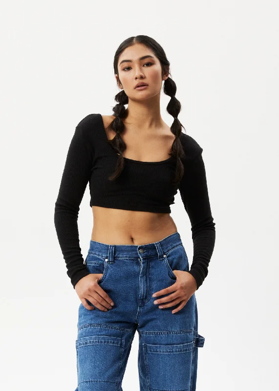 Trendy Women's Outfits for Casual Wear AFENDS Womens Milla - Ribbed Long Sleeve Cropped Top - Black