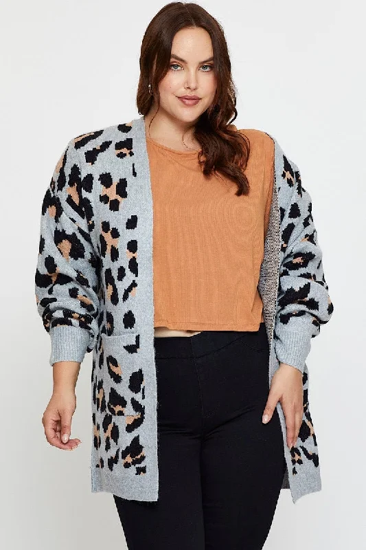 Exclusive Online Sale Animal Print Knit Cardigan Long Sleeve Longline