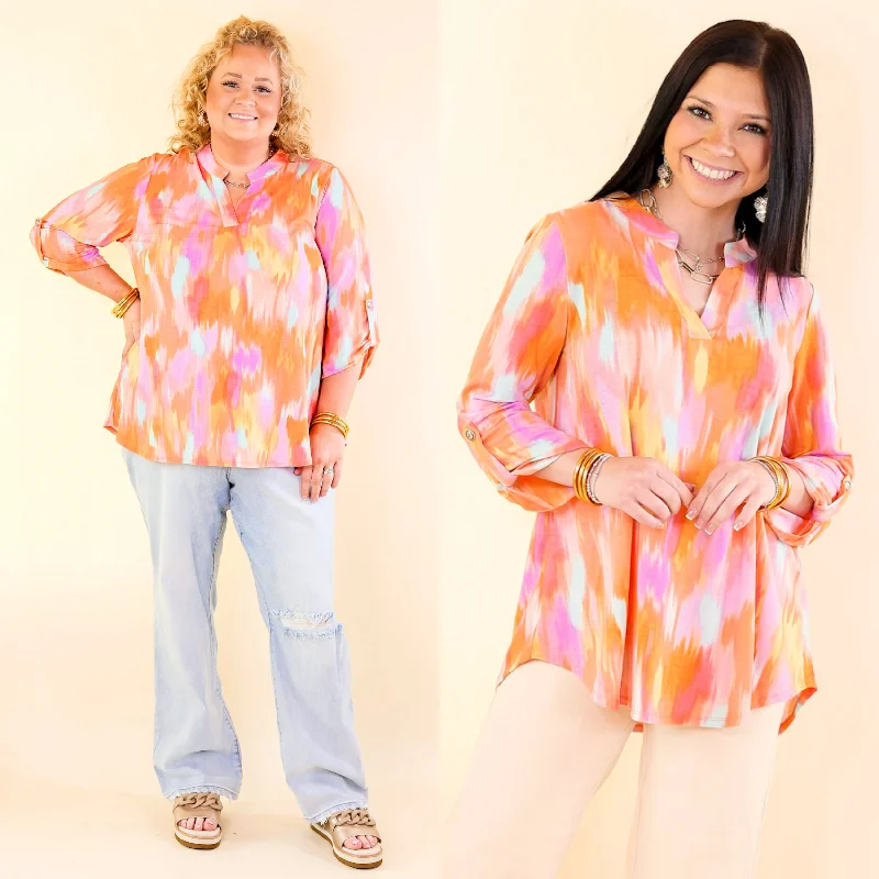 Seasonal Trends Urban Elegance Watercolor 3/4 Sleeve Tunic Top in Orange Mix