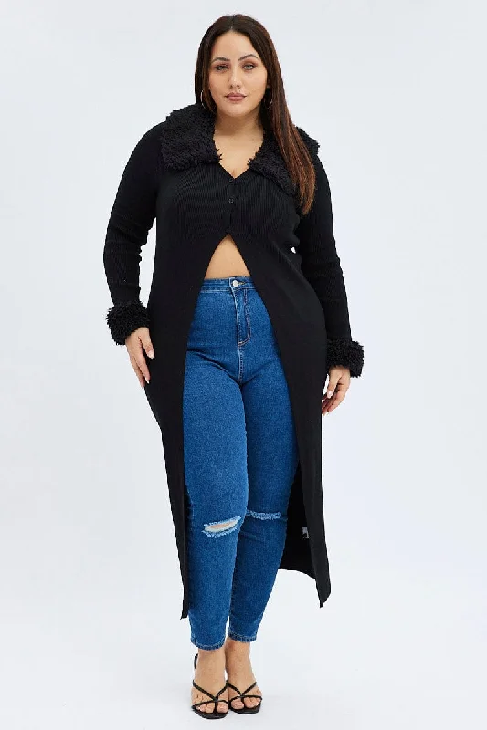 Relaxed Style Black Longline Knit Cardigan Faux Fur Trim Ribbed