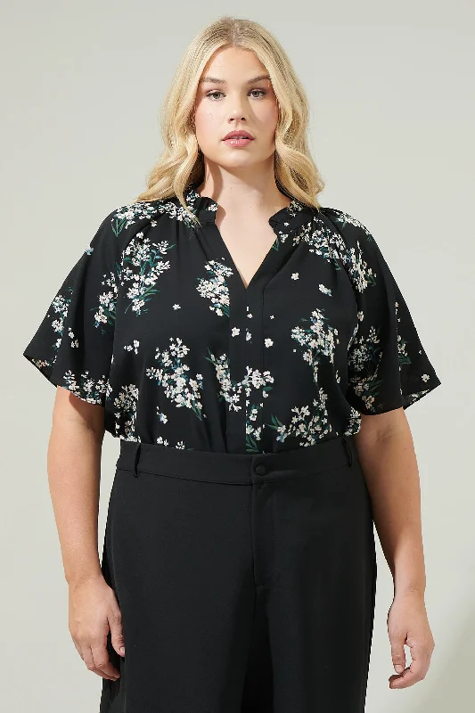 Women Wear Boutique Magnol Floral Ruffle Split Neck Blouse Curve