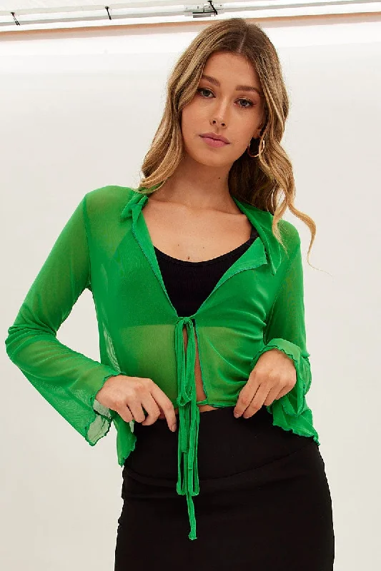 Women's Occasion Wear Apparel Green Mesh Cardigan Long Sleeve