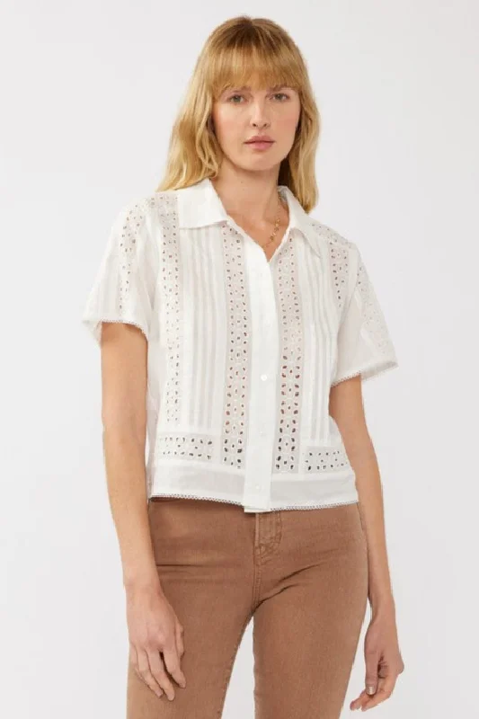 Women's Night-Out Outfit Gracie Short Sleeve Button Down Eyelet Trim Top White