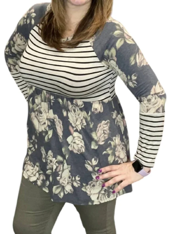 Fashion-forward Women's Wear Floral Stripe Babydoll Tunic Top In Grey