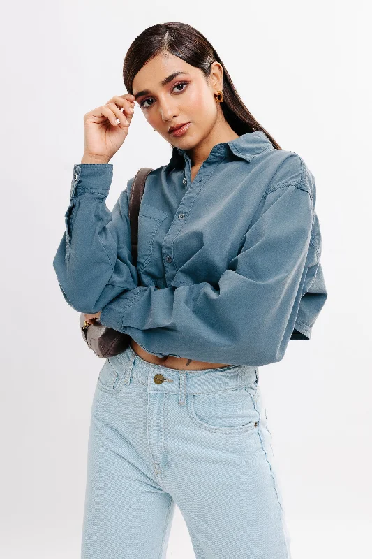 Clearance Sale Grey Full Sleeves Crop Shirt