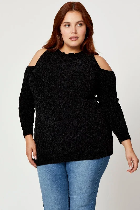 Clothes Women Black Knit Top Round Neck Long Sleeve Cold Shoulder