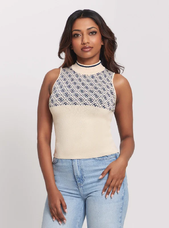 Exclusive Women's Fashion Collection Cream Blue Logo Lise Knit Top