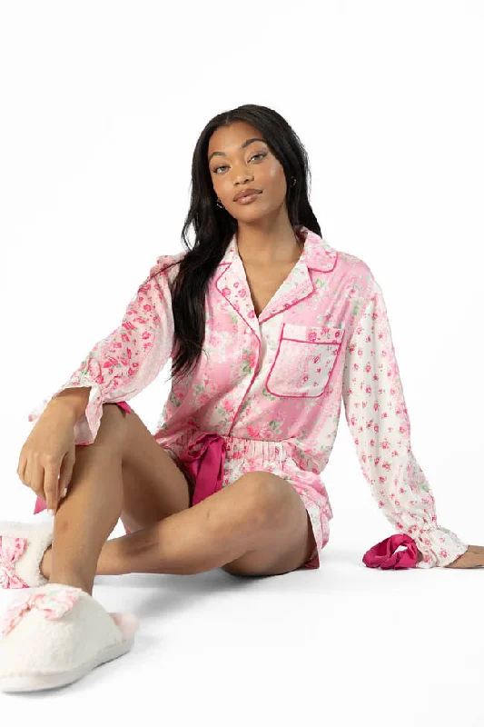 Online Clothing Stores Don't Wake Me Up Pink Multi Floral Long Sleeve Satin Pajama Top