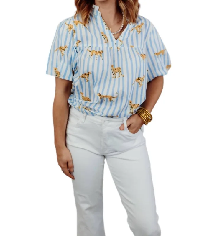 Formal Attire For Women Cheetah Striped Short Sleeve Top In Light Blue