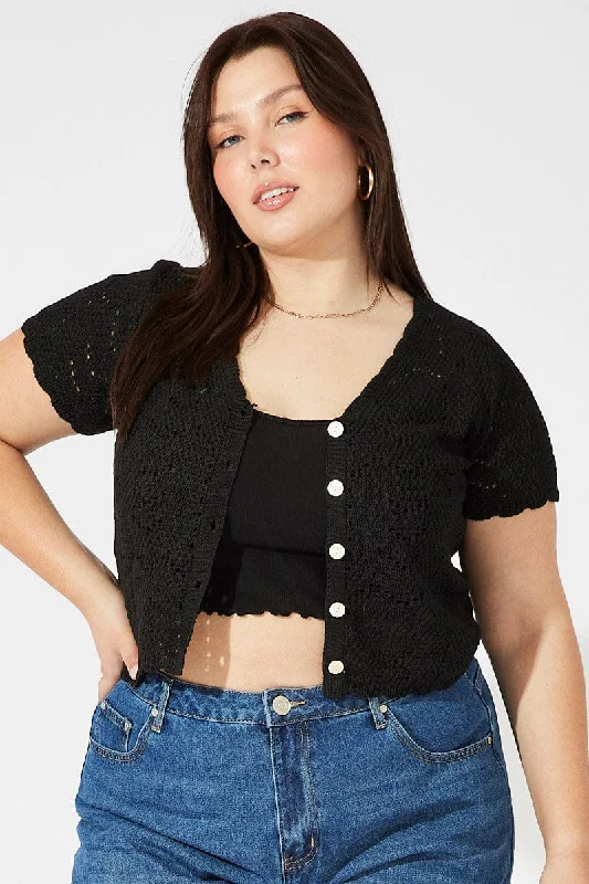 Stylish Savings Black Crochet Knit Cardigan Short Sleeve