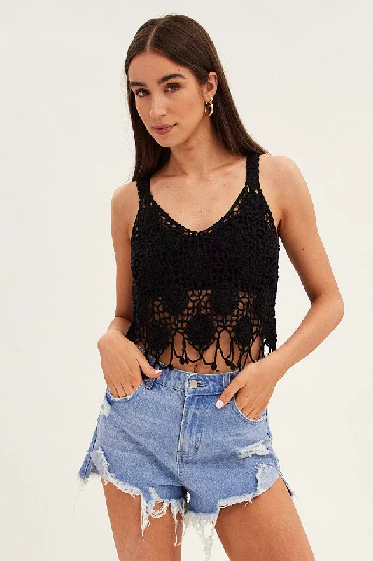 Effortless Chic for Women Black Crochet Knit Sleeveless V-Neck