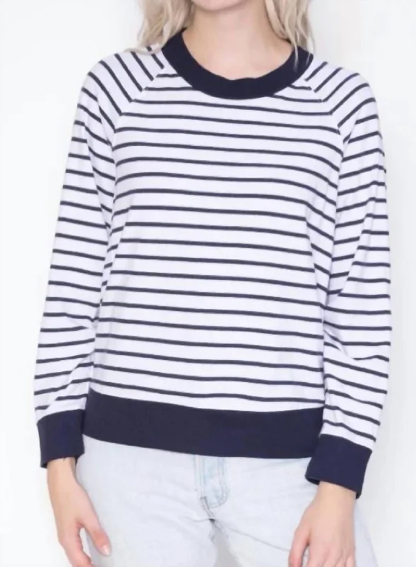 Women's Office Attire Long Sleeve Navy Ringer Sweatshirt Tee In Navy Stripe