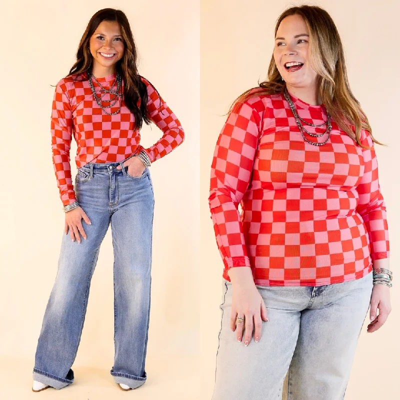 Versatile Outfits Western Dream Checkered Mesh Long Sleeve Top in Pink and Red